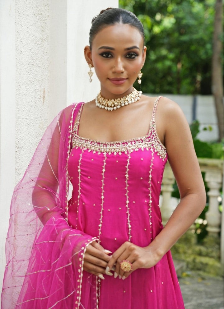 Hot Pink Silk Anarkali Set With Sharara Enamour by Radha - Fabilicious Fashion