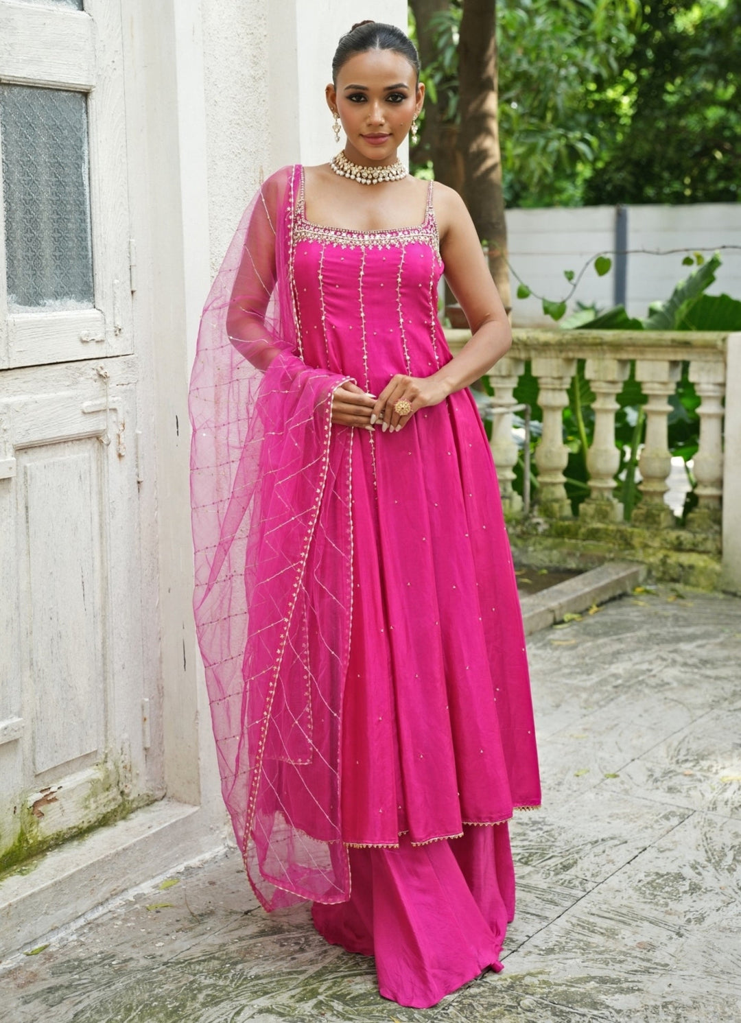 Hot Pink Silk Anarkali Set With Sharara Enamour by Radha - Fabilicious Fashion