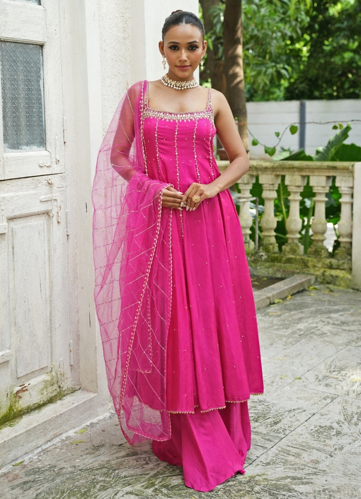 Hot Pink Silk Anarkali Set With Sharara Enamour by Radha - Fabilicious Fashion