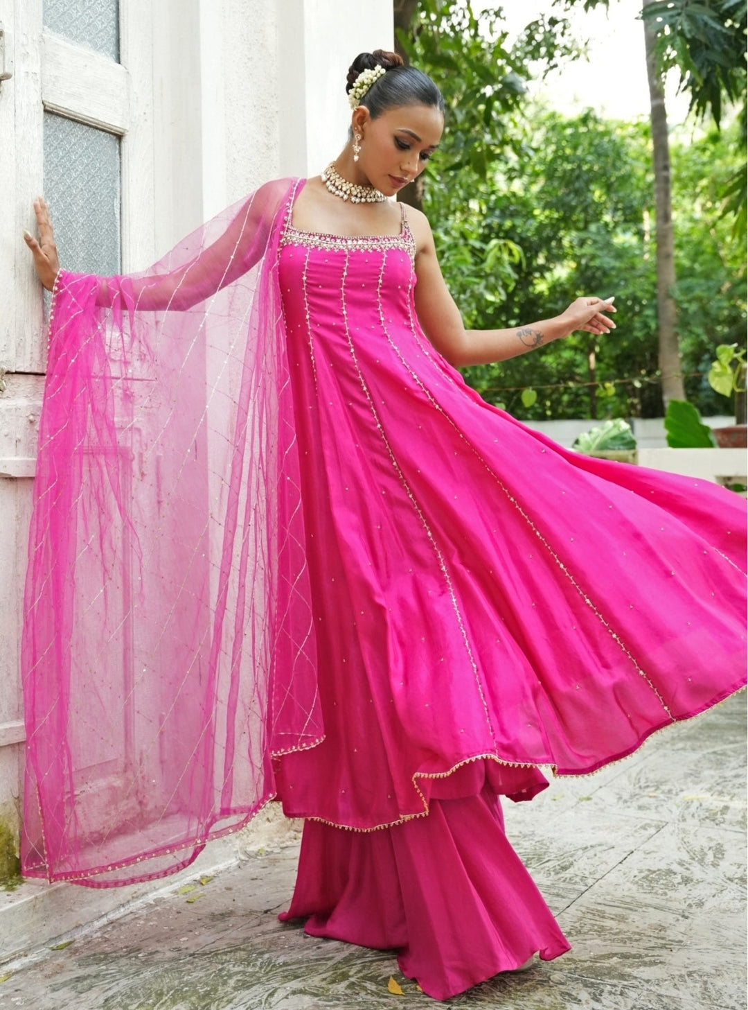 Hot Pink Silk Anarkali Set With Sharara Enamour by Radha - Fabilicious Fashion