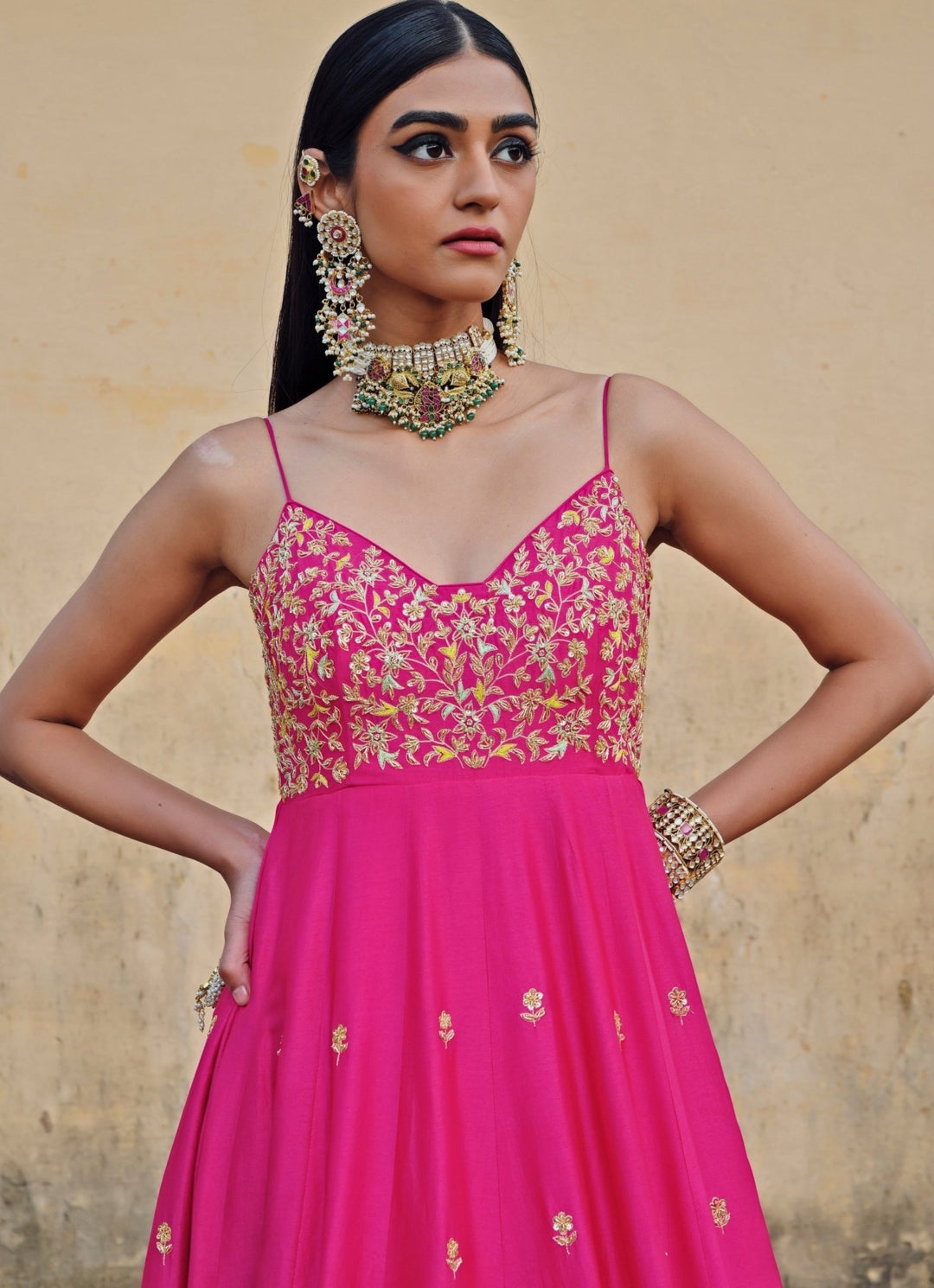 Hot Pink Silk Embroidered Floor - Length Anarkali With Dupatta Ease - Fabilicious Fashion
