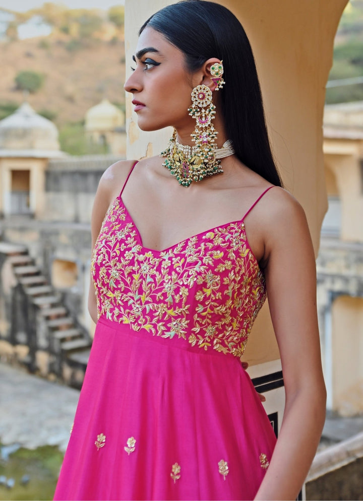 Hot Pink Silk Embroidered Floor - Length Anarkali With Dupatta Ease - Fabilicious Fashion