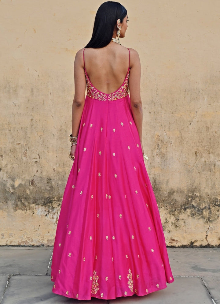 Hot Pink Silk Embroidered Floor - Length Anarkali With Dupatta Ease - Fabilicious Fashion