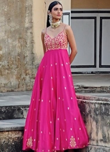 Hot Pink Silk Embroidered Floor - Length Anarkali With Dupatta Ease - Fabilicious Fashion