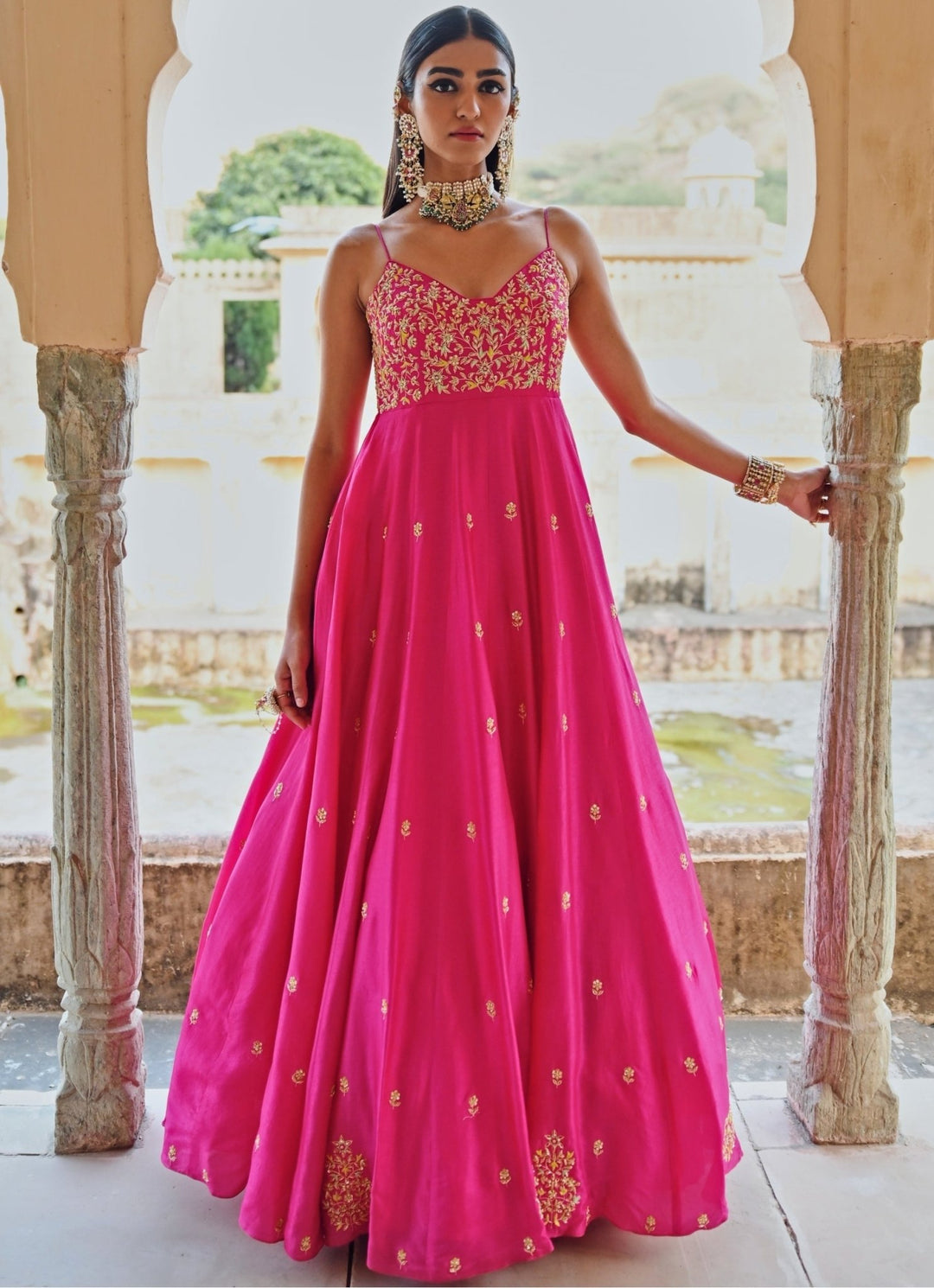 Hot Pink Silk Embroidered Floor - Length Anarkali With Dupatta Ease - Fabilicious Fashion