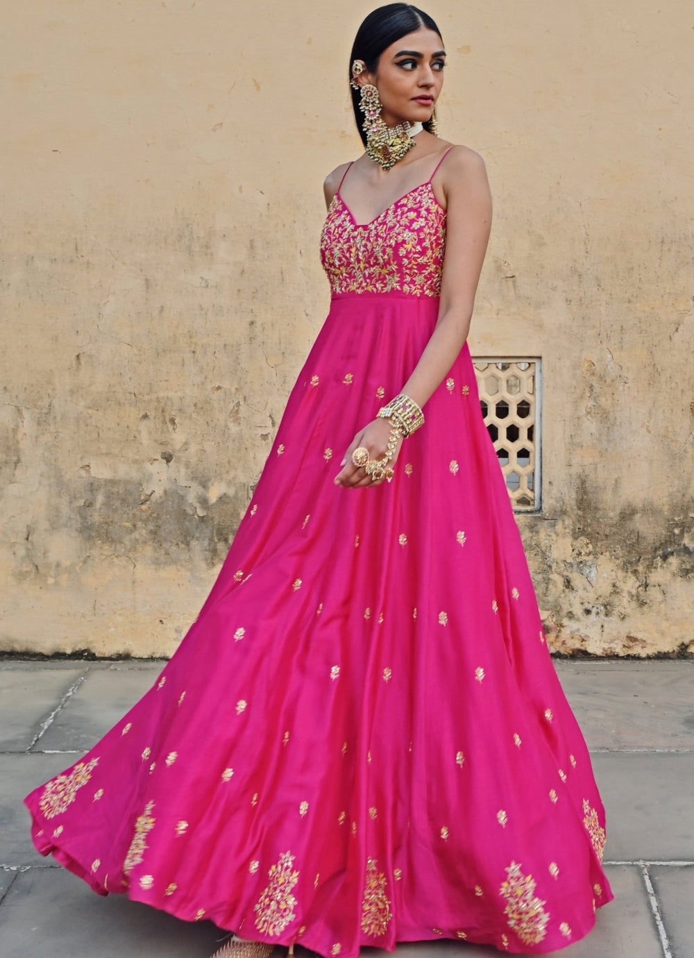 Hot Pink Silk Embroidered Floor - Length Anarkali With Dupatta Ease - Fabilicious Fashion