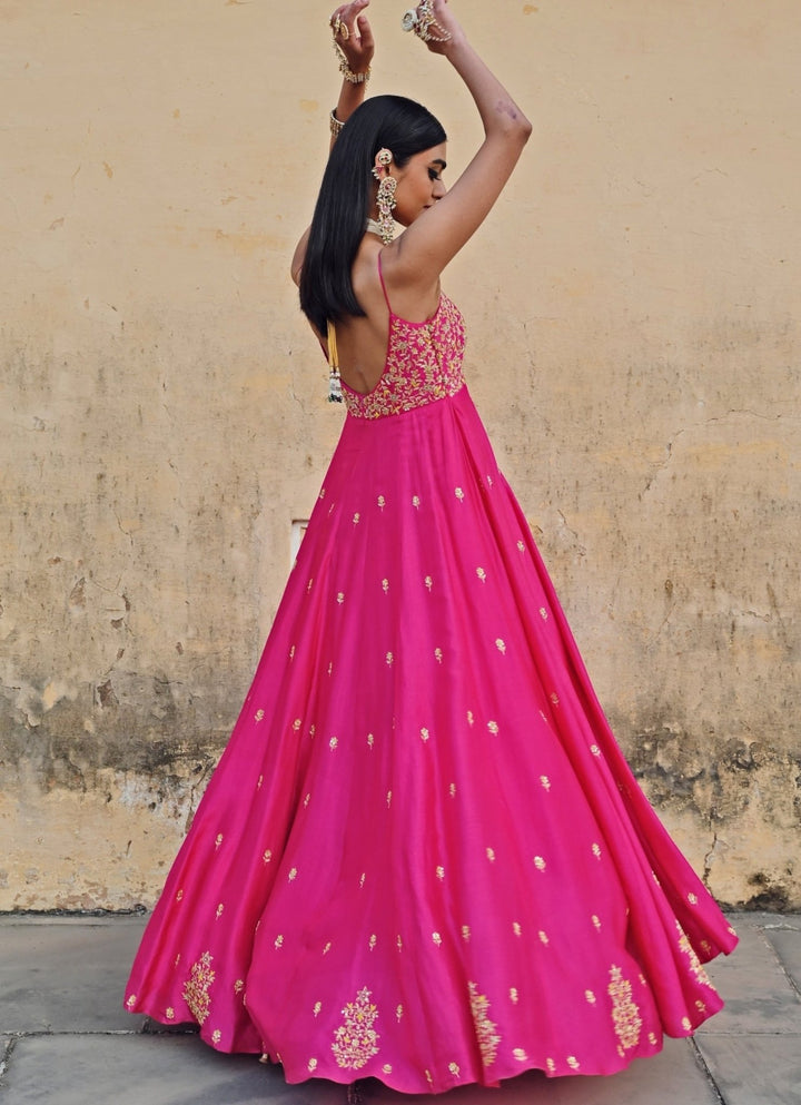 Hot Pink Silk Embroidered Floor - Length Anarkali With Dupatta Ease - Fabilicious Fashion