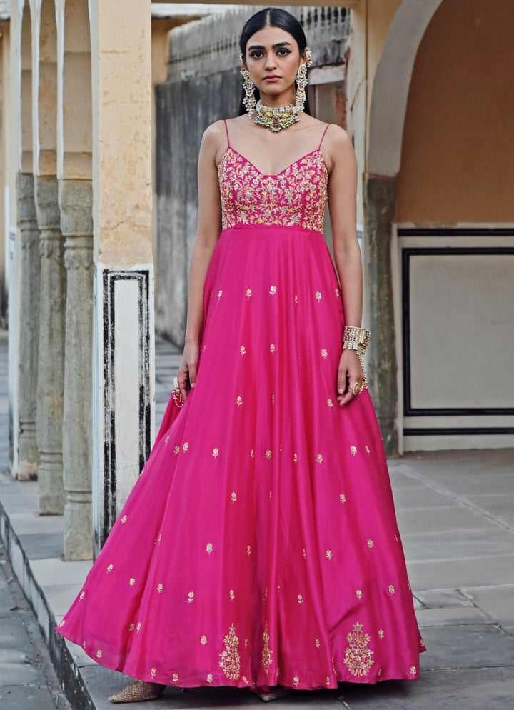 Hot Pink Silk Embroidered Floor - Length Anarkali With Dupatta Ease - Fabilicious Fashion