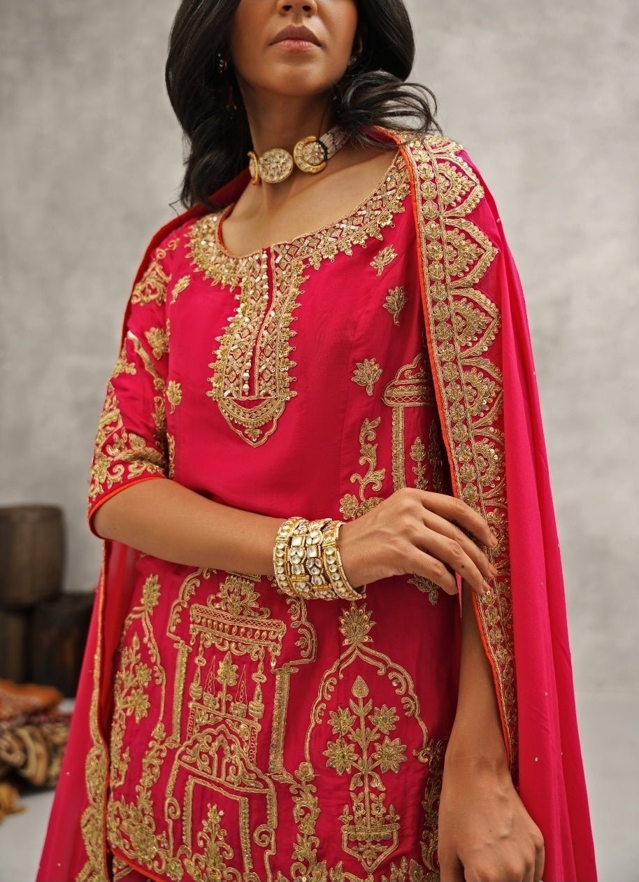 Hot Pink Silk Embroidered Kurta Sharara Set Kapda Dori - Fabilicious Fashion
