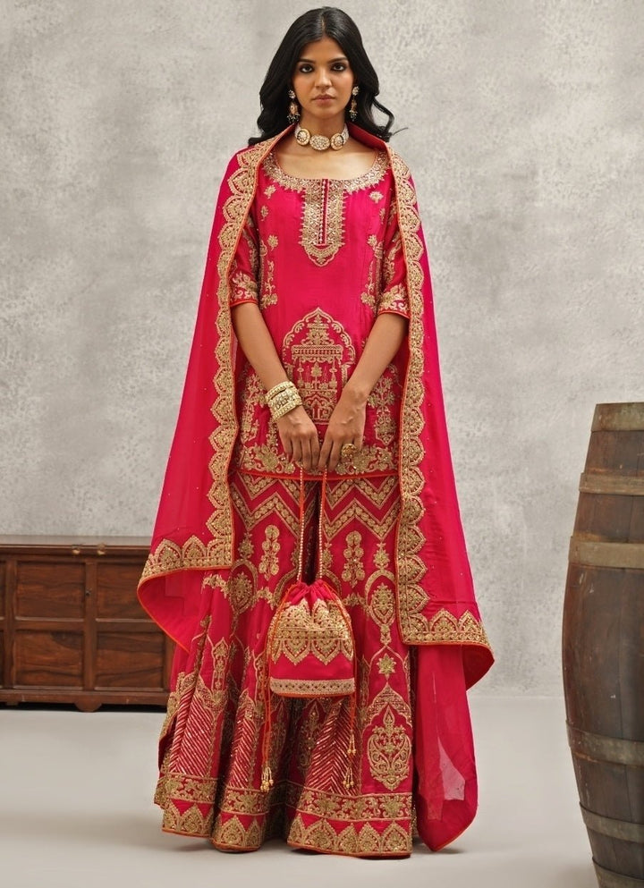 Hot Pink Silk Embroidered Kurta Sharara Set Kapda Dori - Fabilicious Fashion