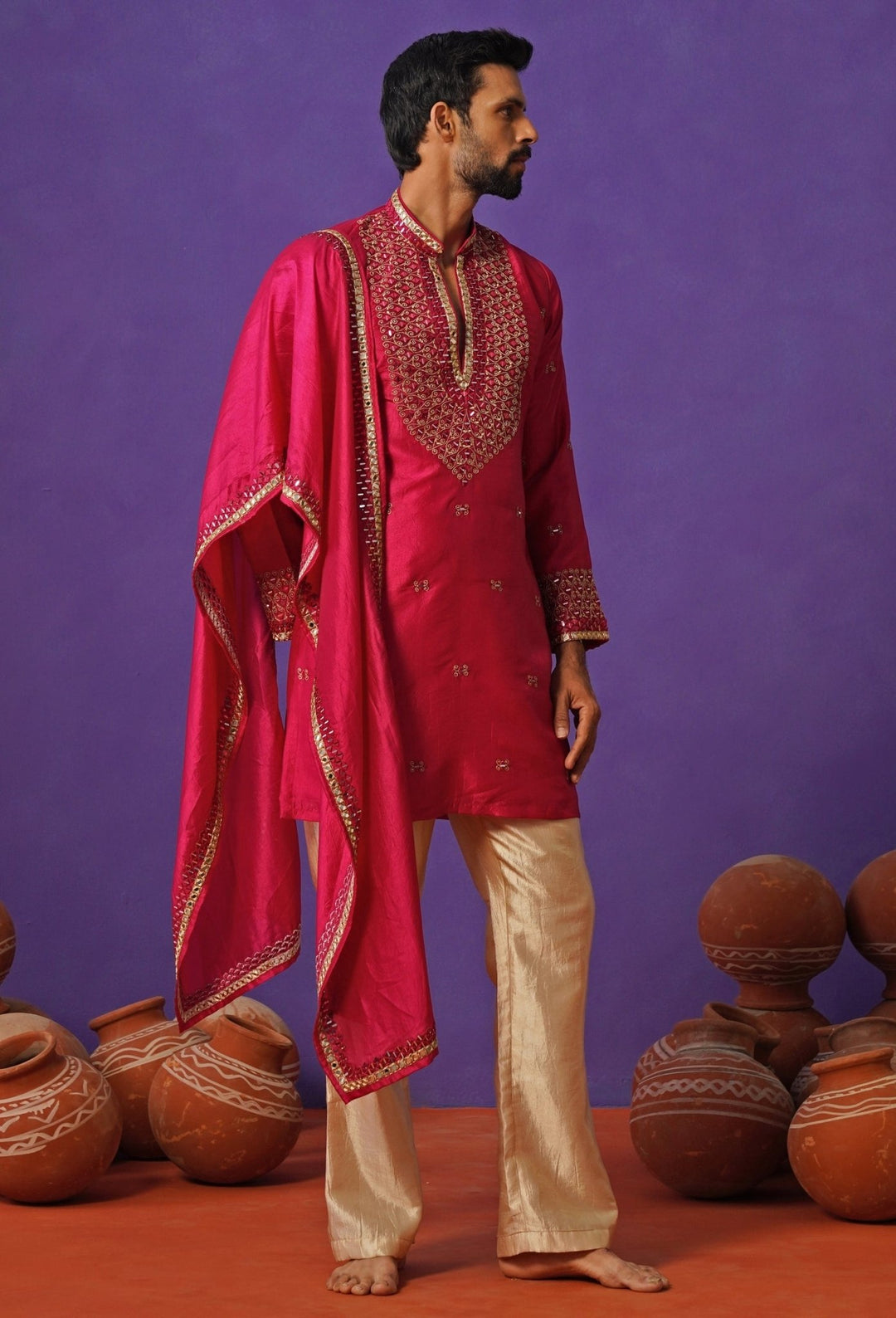 Kalpraag Hot Pink Silk Mirror Kurta Set with DupattaFabilicious Fashion