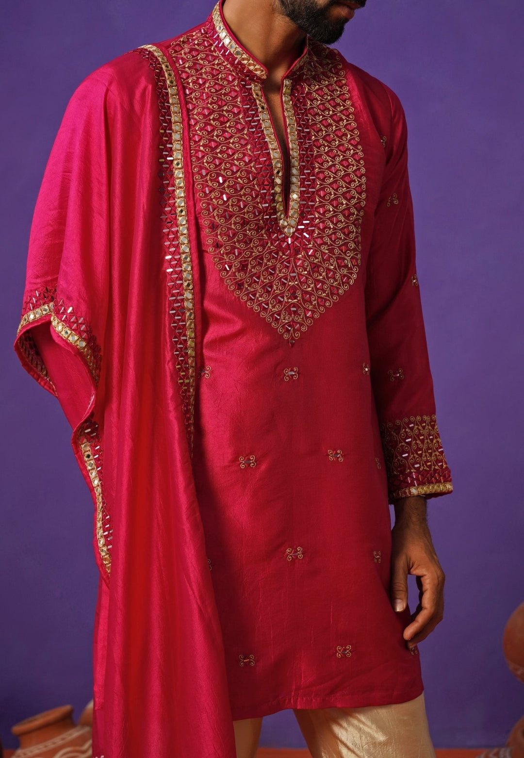 Kalpraag Hot Pink Silk Mirror Kurta Set with DupattaFabilicious Fashion