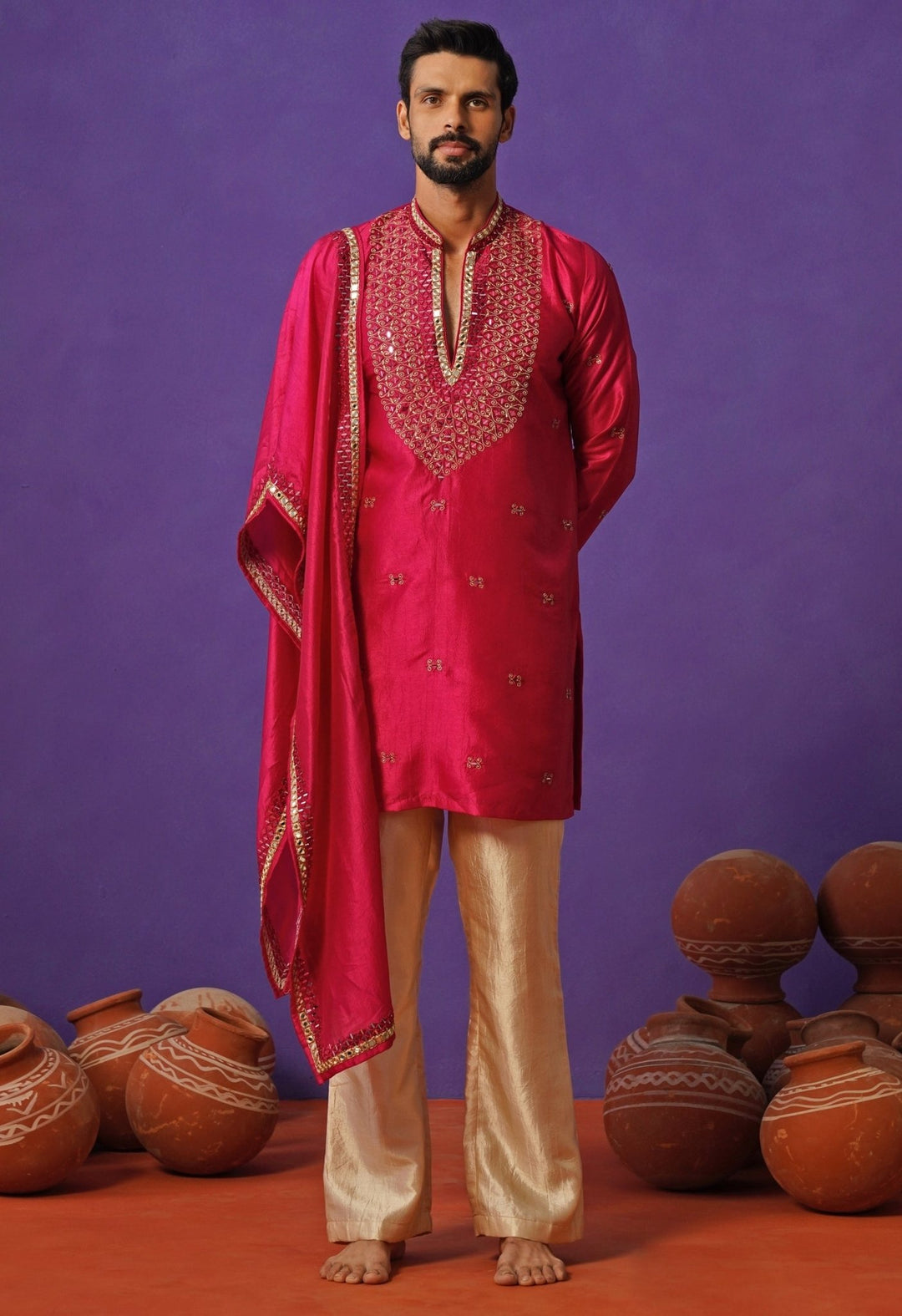 Kalpraag Hot Pink Silk Mirror Kurta Set with DupattaFabilicious Fashion