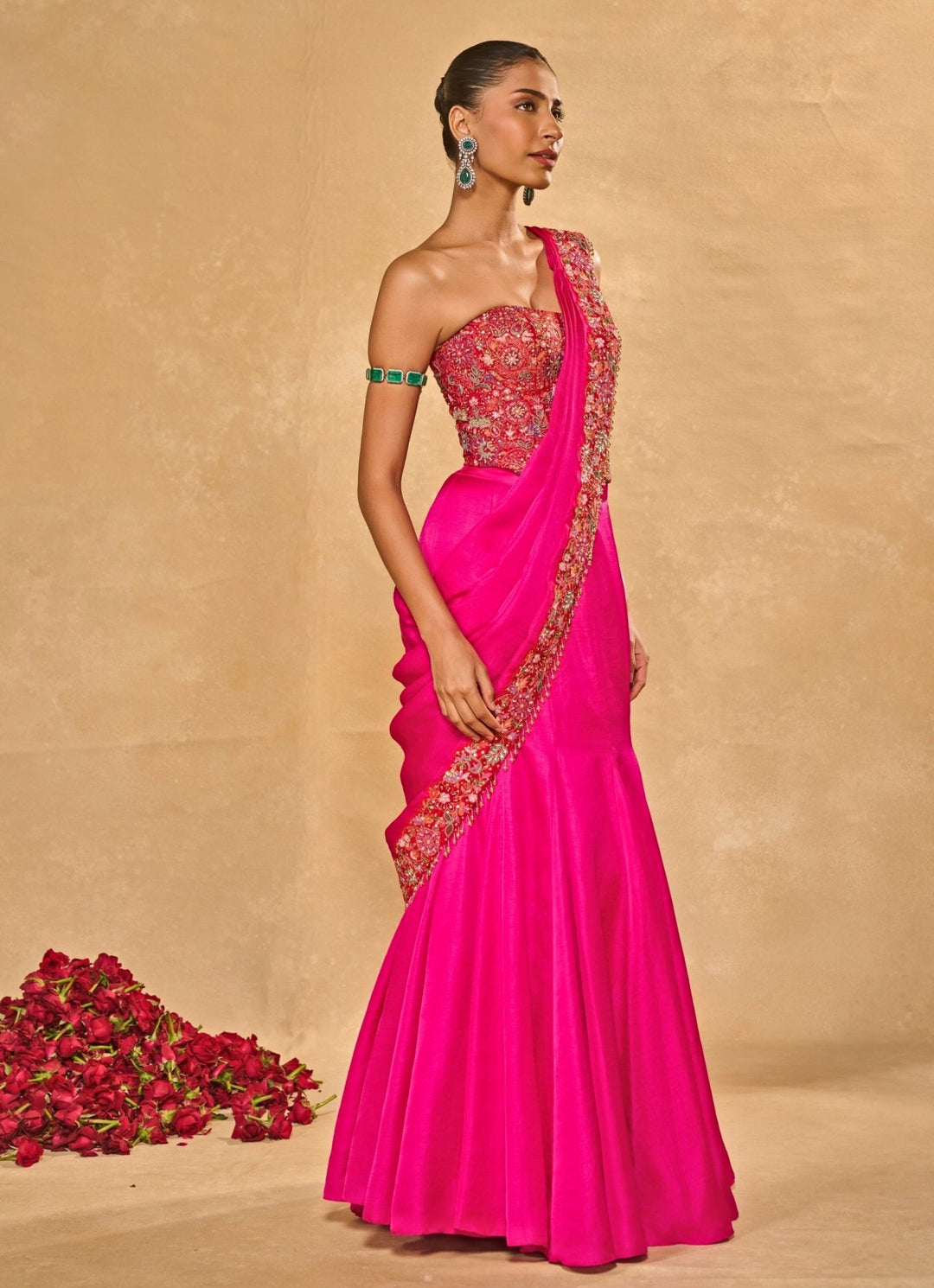 Hot Pink Silk Pre - Draped Saree With Corset Chamee and Palak - Fabilicious Fashion