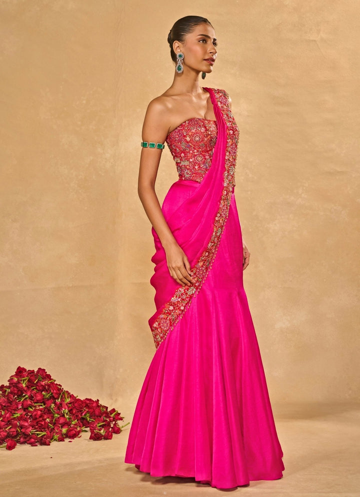 Hot Pink Silk Pre - Draped Saree With Corset Chamee and Palak - Fabilicious Fashion