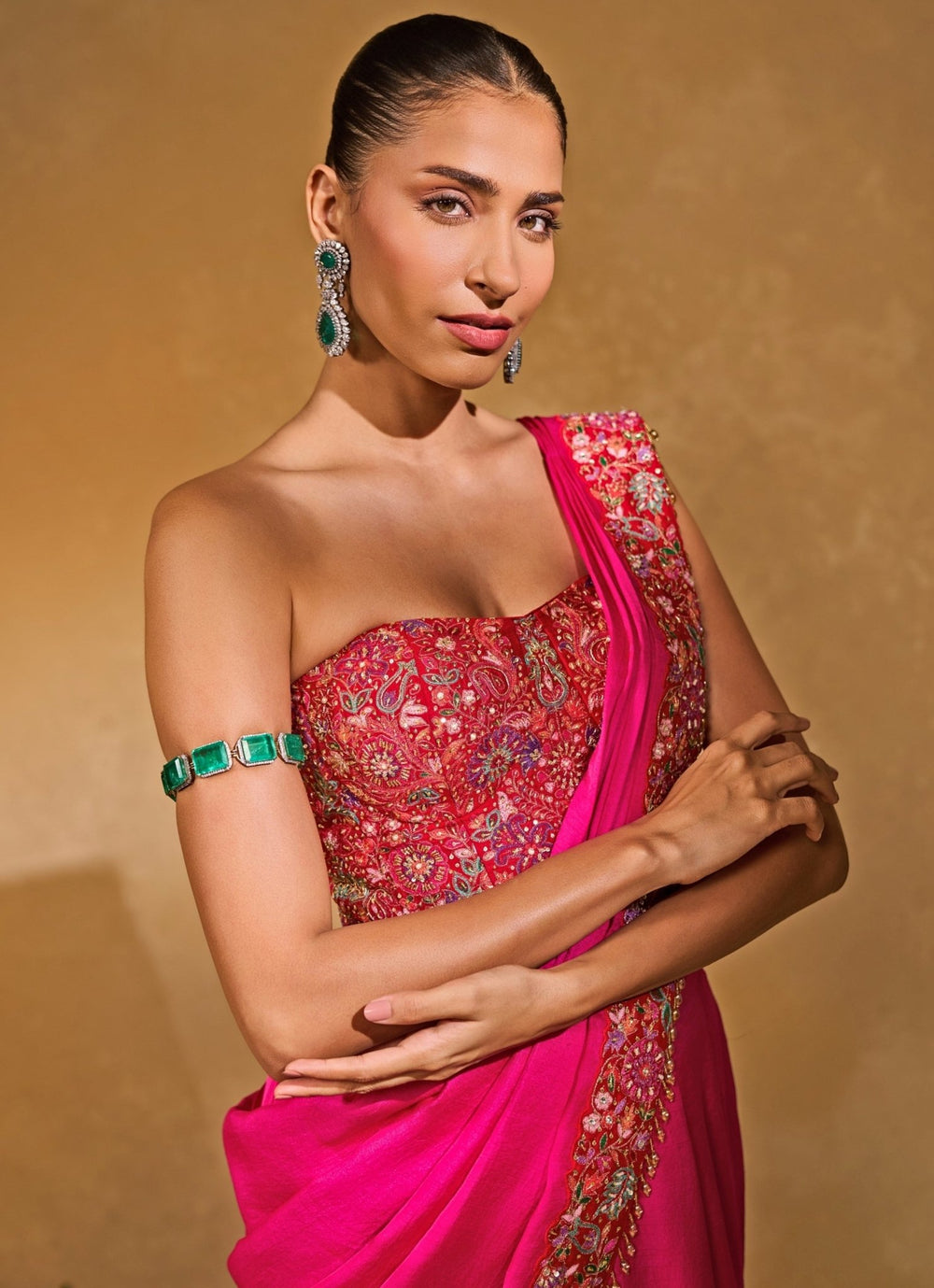 Hot Pink Silk Pre - Draped Saree With Corset Chamee and Palak - Fabilicious Fashion