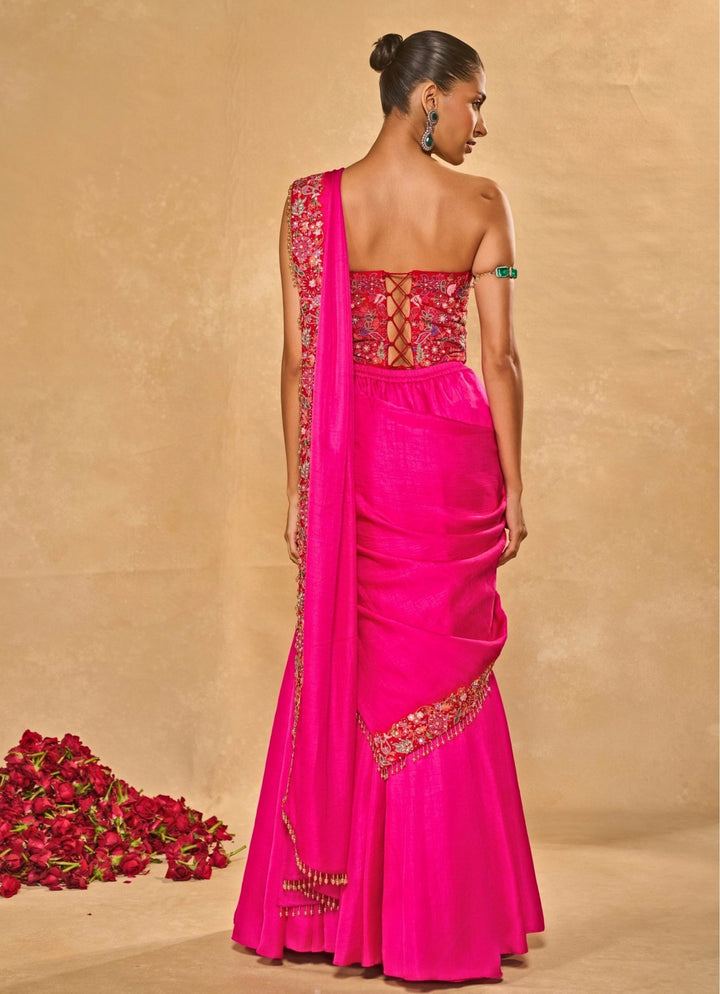 Hot Pink Silk Pre - Draped Saree With Corset Chamee and Palak - Fabilicious Fashion