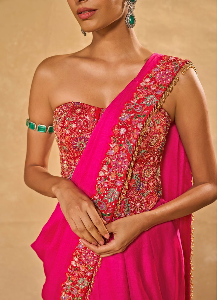 Hot Pink Silk Pre - Draped Saree With Corset Chamee and Palak - Fabilicious Fashion