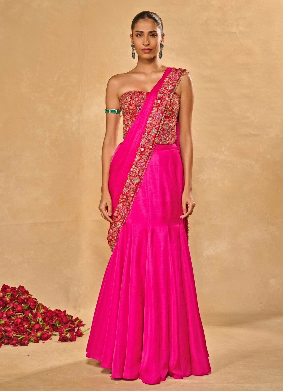 Hot Pink Silk Pre - Draped Saree With Corset Chamee and Palak - Fabilicious Fashion