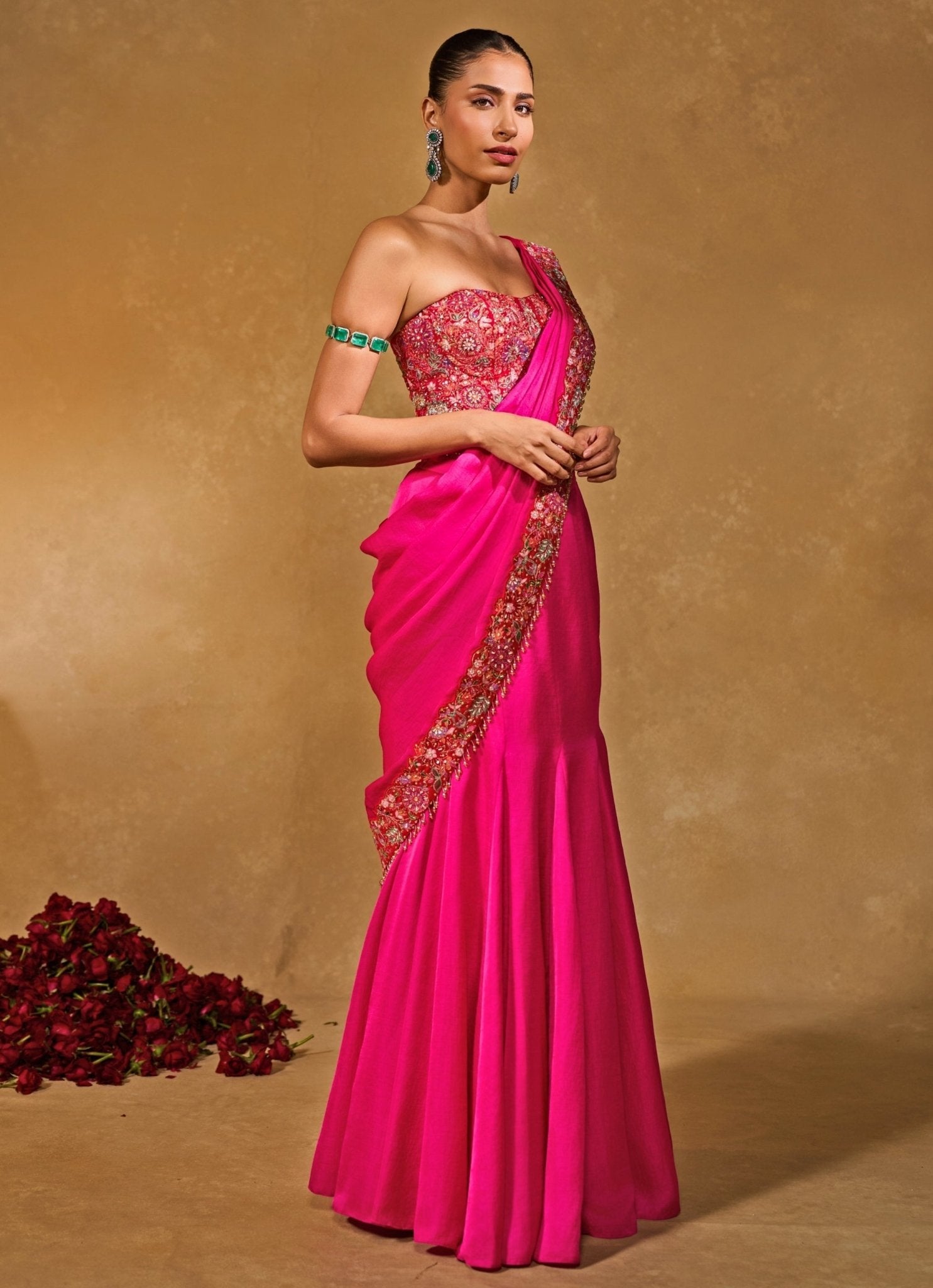 Hot pink silk pre draped saree for wedding guest festive evening styling