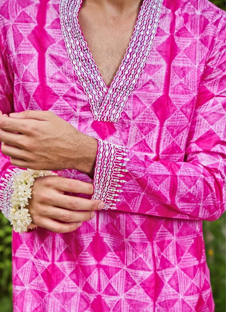 Hot Pink Silk Tie and Dye Kurta Set Nitika Gujral - Men - Fabilicious Fashion