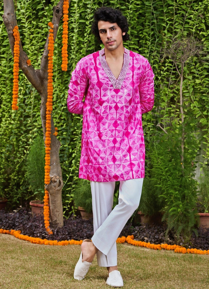 Hot Pink Silk Tie and Dye Kurta Set Nitika Gujral - Men - Fabilicious Fashion