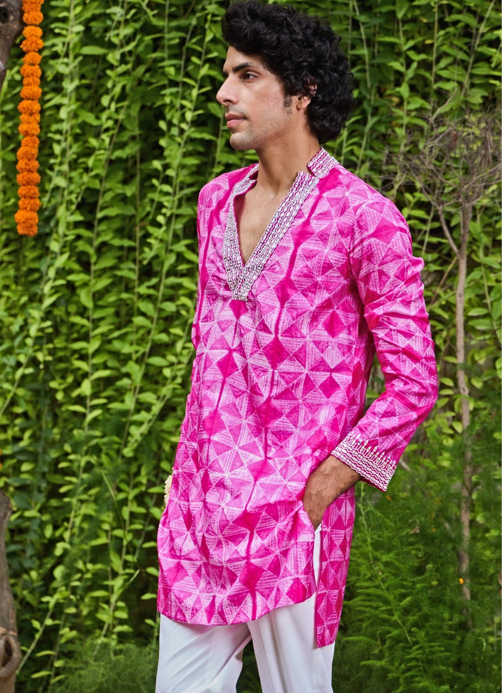 Hot Pink Silk Tie and Dye Kurta Set Nitika Gujral - Men - Fabilicious Fashion