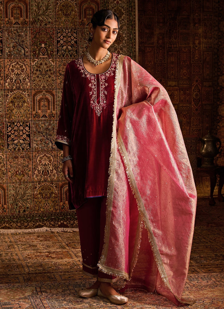Zoon Tribe Hot Pink Silk Velvet Kurta Pants Set With Contrast DupattaFabilicious Fashion