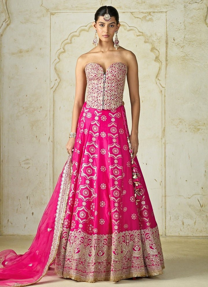 Gopi Vaid Hot Pink Tussar Corset Lehenga SetFabilicious Fashion