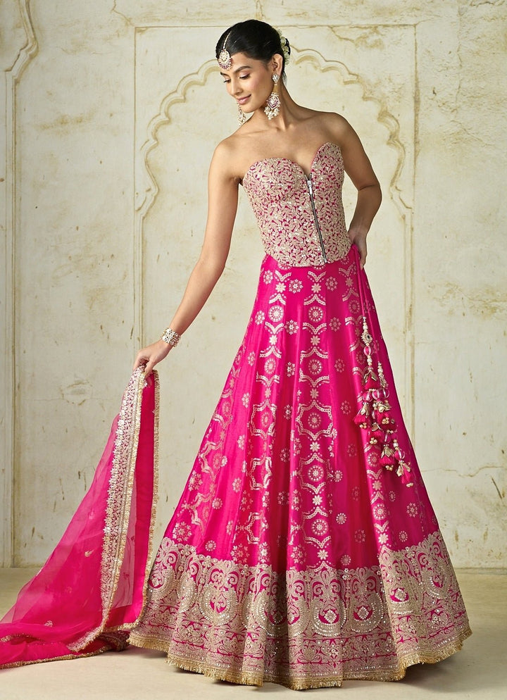 Gopi Vaid Hot Pink Tussar Corset Lehenga SetFabilicious Fashion