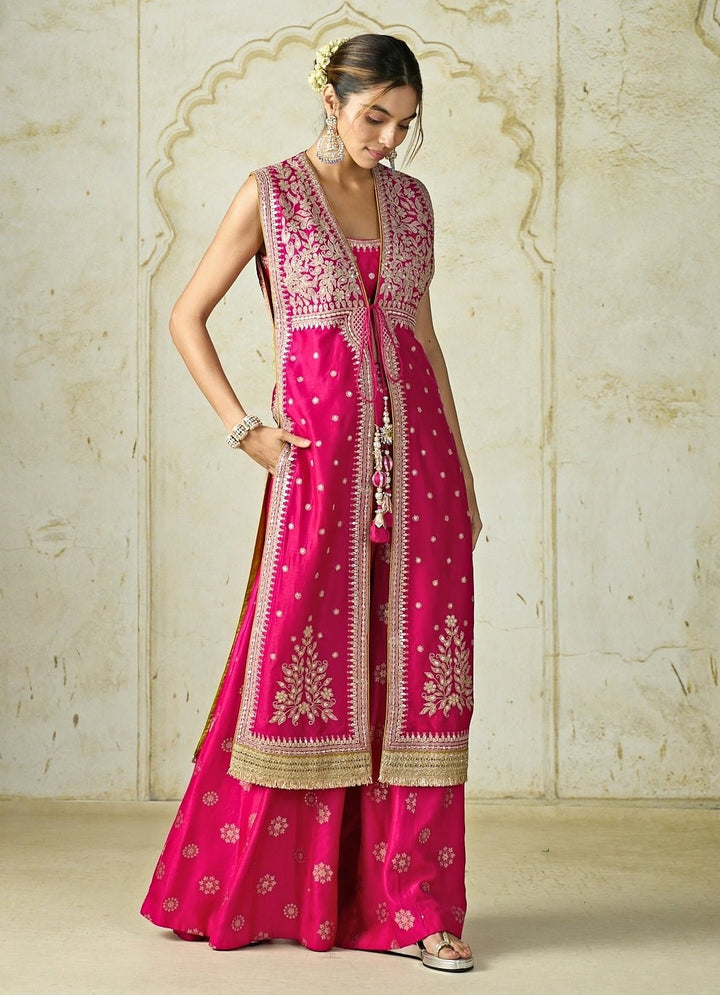 Gopi Vaid Hot Pink Tussar Jacket Pants SetFabilicious Fashion