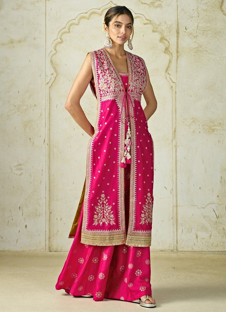 Gopi Vaid Hot Pink Tussar Jacket Pants SetFabilicious Fashion