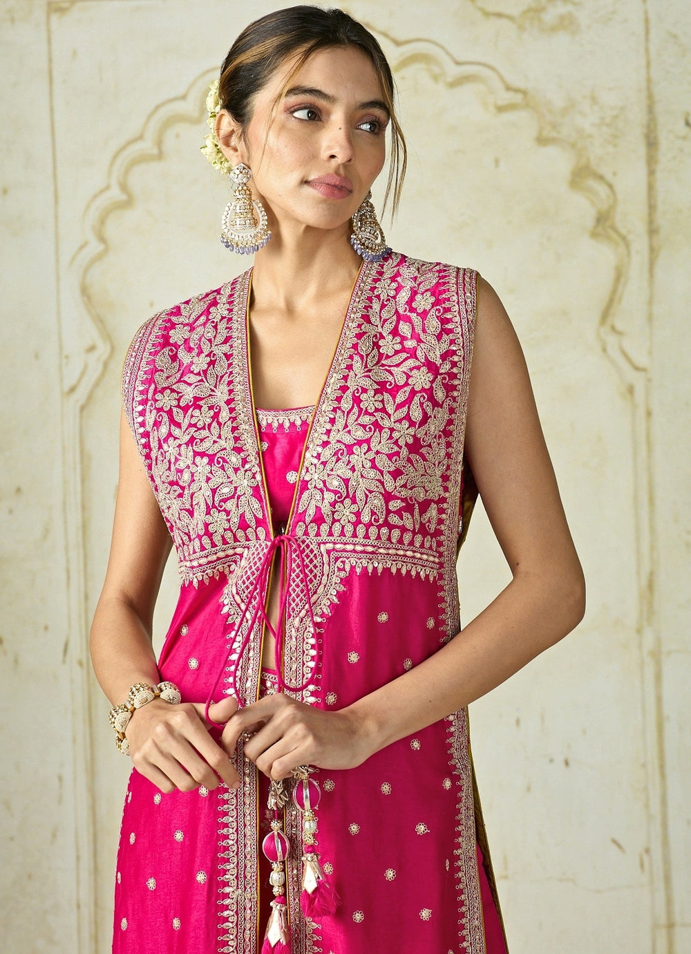 Gopi Vaid Hot Pink Tussar Jacket Pants SetFabilicious Fashion