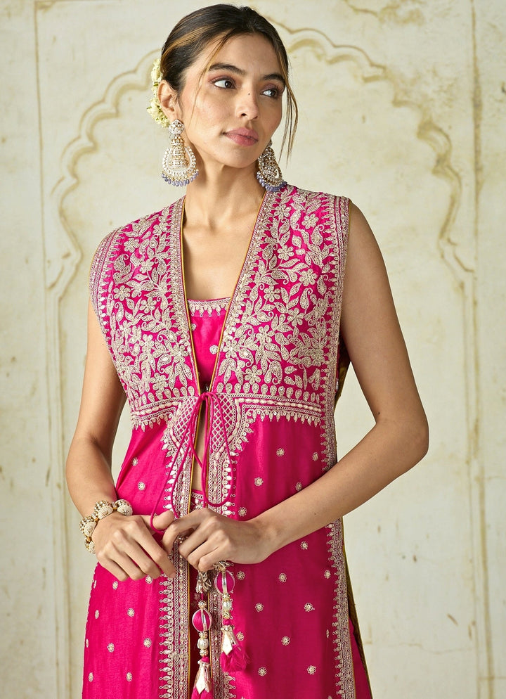 Gopi Vaid Hot Pink Tussar Jacket Pants SetFabilicious Fashion
