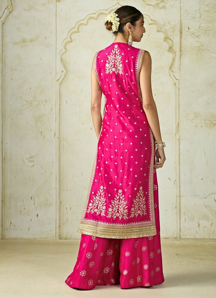 Gopi Vaid Hot Pink Tussar Jacket Pants SetFabilicious Fashion
