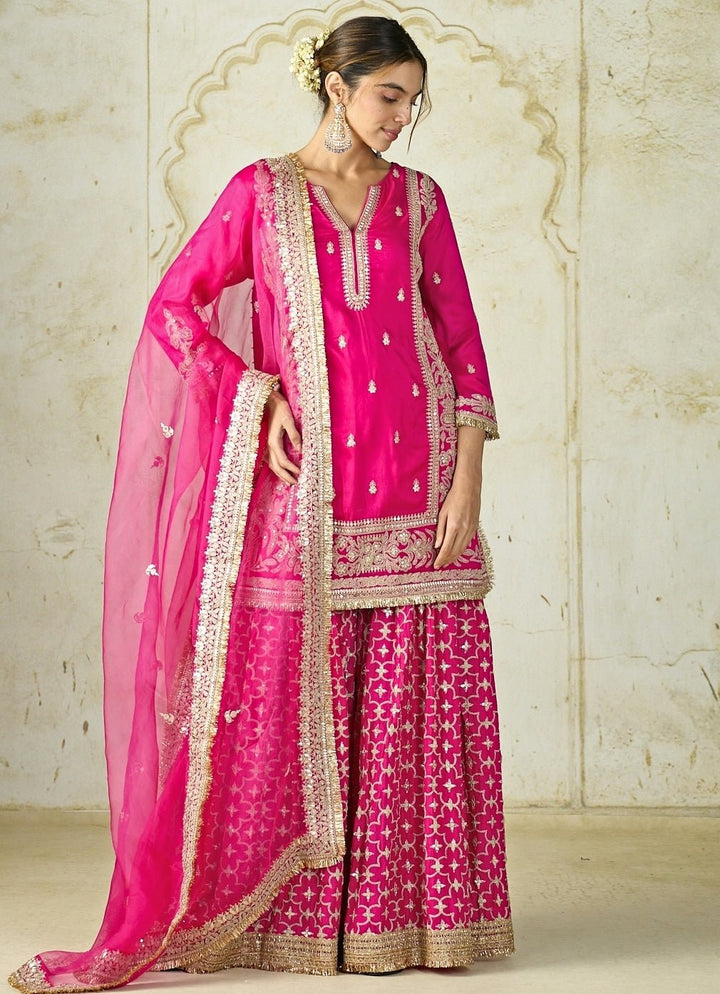 Gopi Vaid Hot Pink Tussar Kurta Sharara SetFabilicious Fashion
