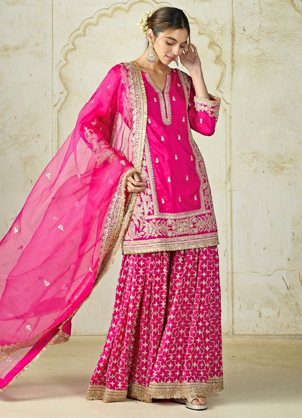 Gopi Vaid Hot Pink Tussar Kurta Sharara SetFabilicious Fashion