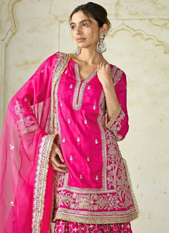 Gopi Vaid Hot Pink Tussar Kurta Sharara SetFabilicious Fashion