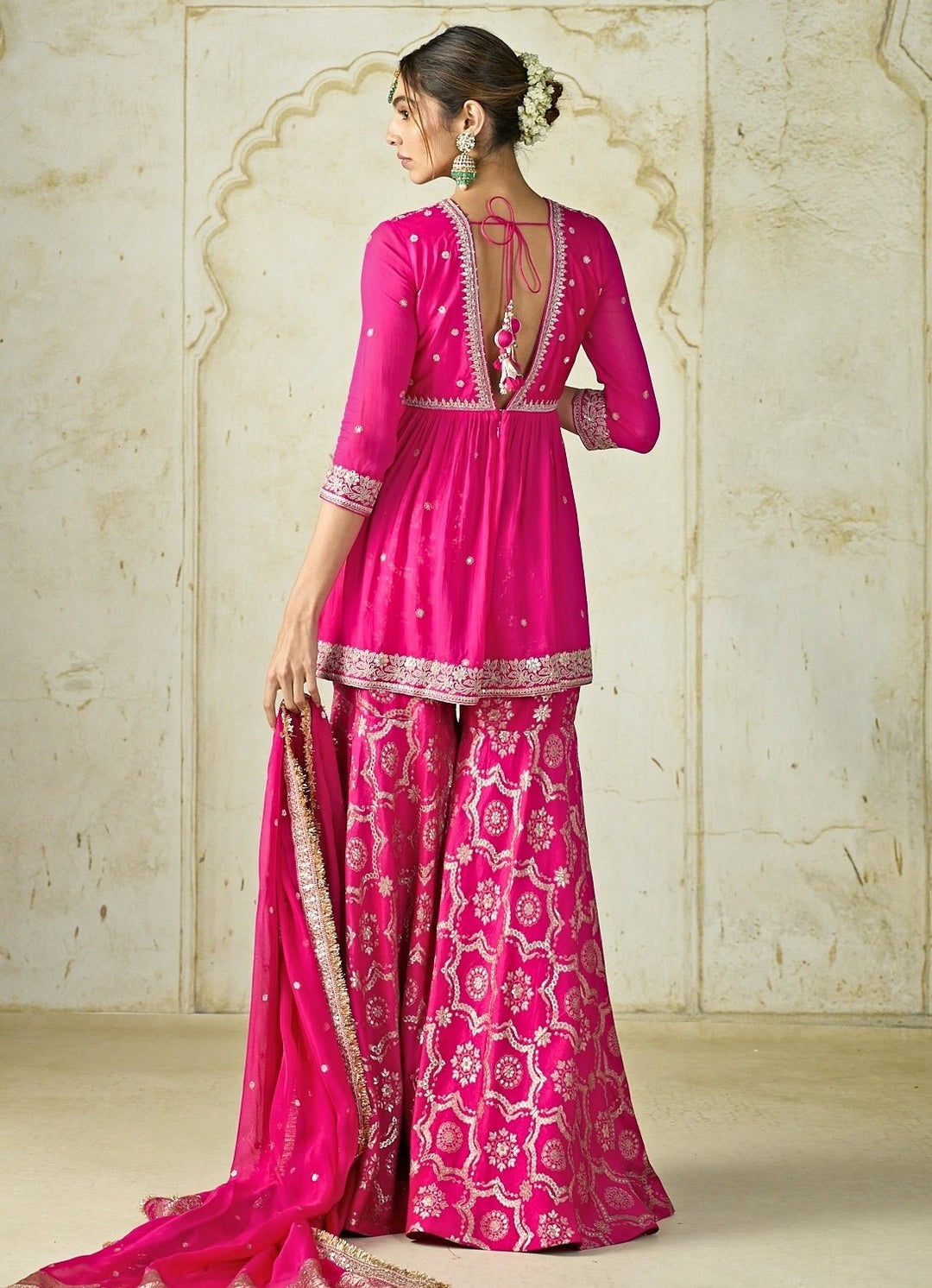 Gopi Vaid Hot Pink Tussar Peplum Kurta Sharara SetFabilicious Fashion