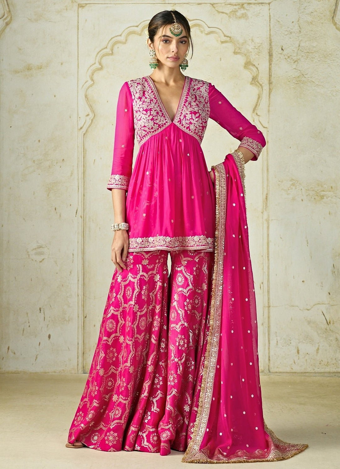 Gopi Vaid Hot Pink Tussar Peplum Kurta Sharara SetFabilicious Fashion