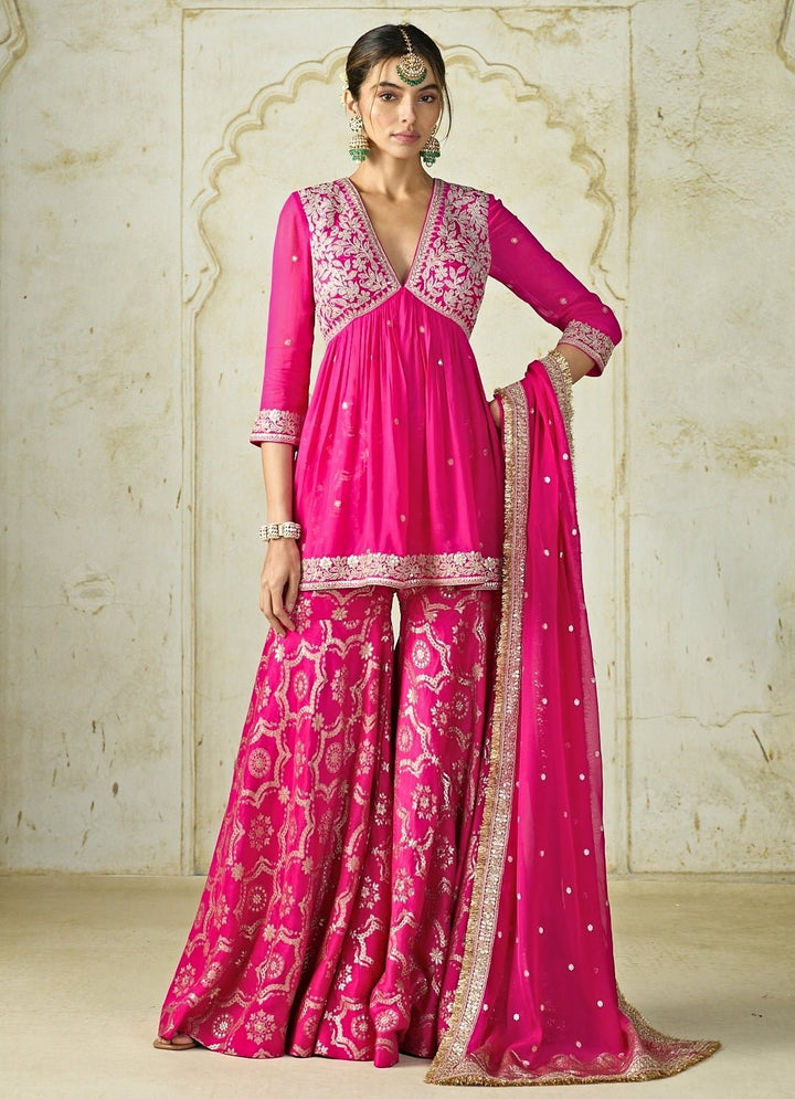 Gopi Vaid Hot Pink Tussar Peplum Kurta Sharara SetFabilicious Fashion