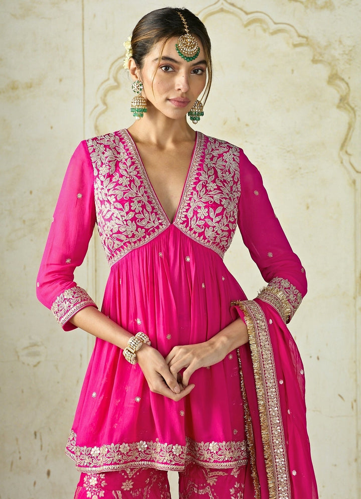 Gopi Vaid Hot Pink Tussar Peplum Kurta Sharara SetFabilicious Fashion
