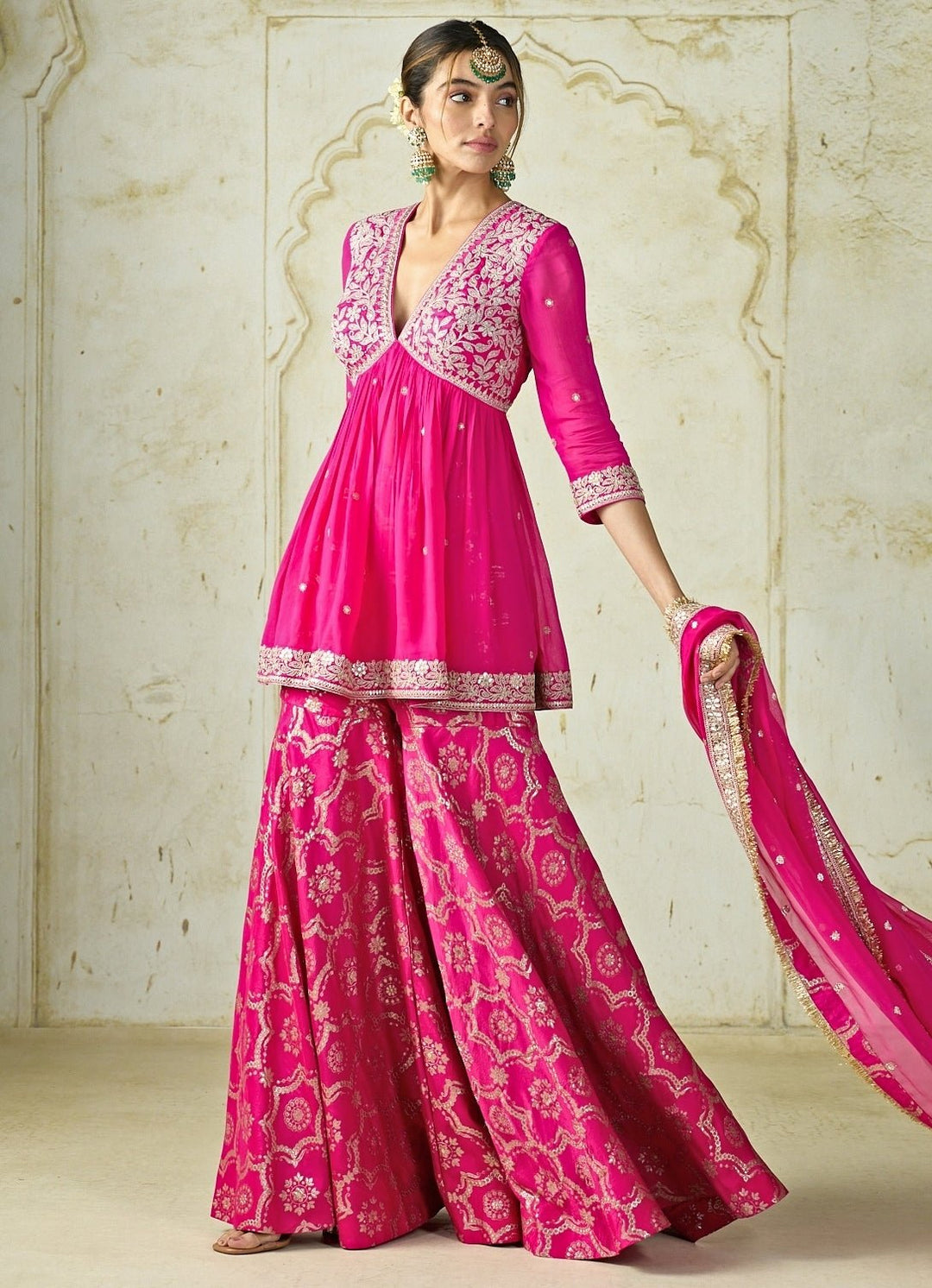 Gopi Vaid Hot Pink Tussar Peplum Kurta Sharara SetFabilicious Fashion