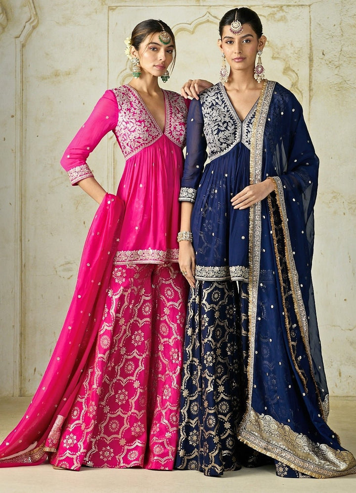 Gopi Vaid Hot Pink Tussar Peplum Kurta Sharara SetFabilicious Fashion