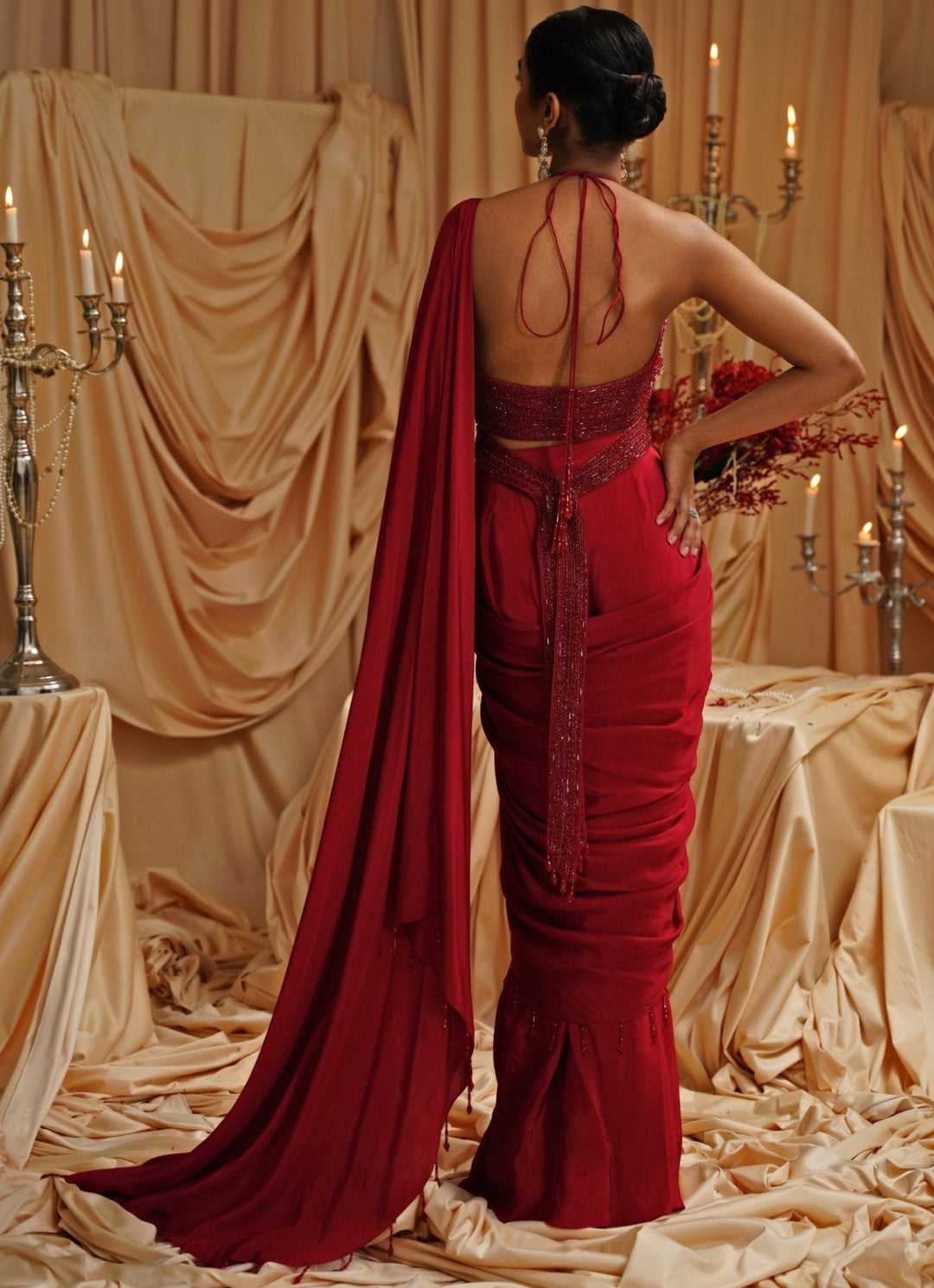 Hot Red Embroidered Prdraped Crepe Saree Jade by Ashima - Fabilicious Fashion