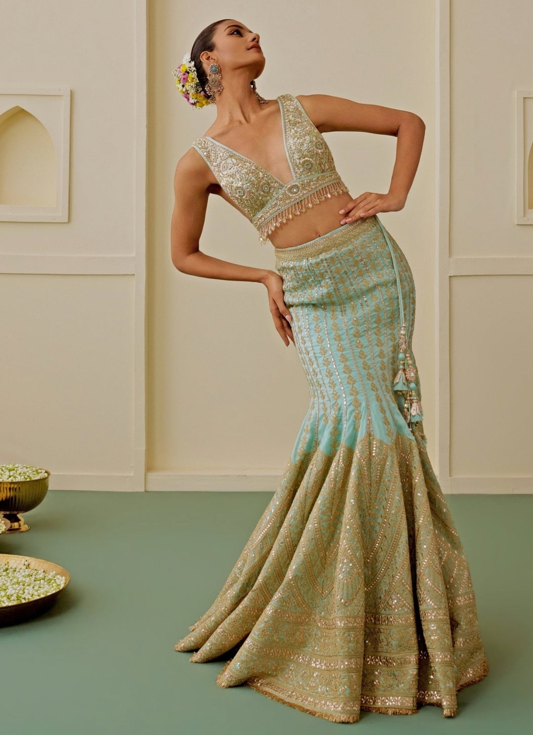 Gopi Vaid Ice Blue And Gold Tussar Mermaid Lehenga SetFabilicious Fashion