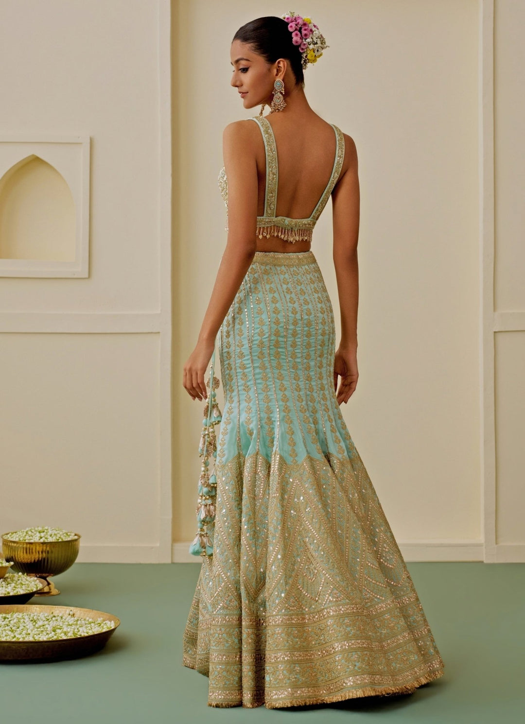 Gopi Vaid Ice Blue And Gold Tussar Mermaid Lehenga SetFabilicious Fashion