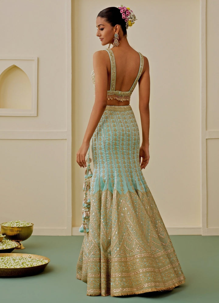 Gopi Vaid Ice Blue And Gold Tussar Mermaid Lehenga SetFabilicious Fashion