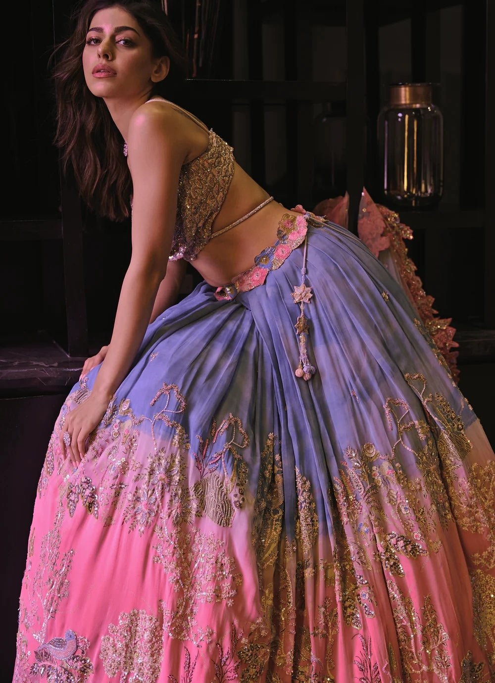 Ice Blue And Pink Ombre Embroidered Georgette Lehenga Set Moledro - Fabilicious Fashion