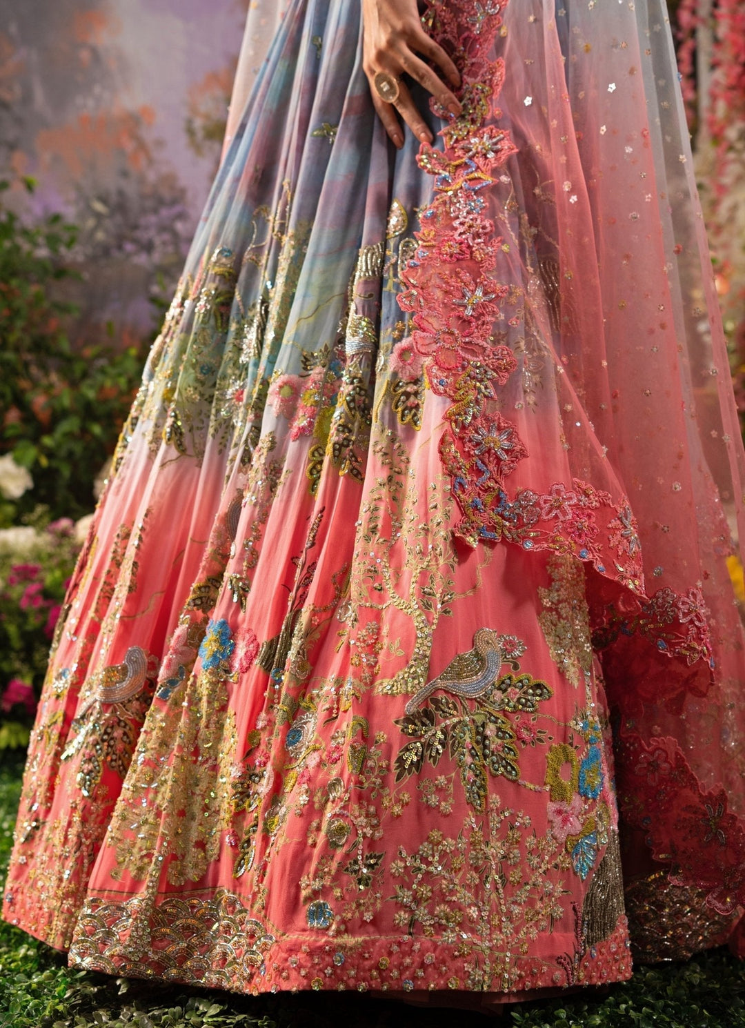 Ice Blue And Pink Ombre Embroidered Georgette Lehenga Set Moledro - Fabilicious Fashion